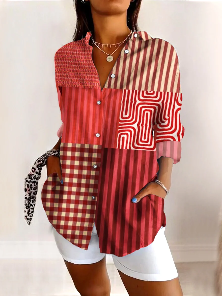 V Neck Long Sleeve Abstract Graphic Regular Micro-Elasticity Regular Fit Shirt For Women