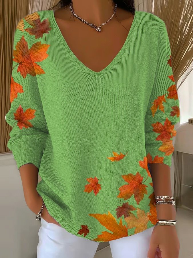 Vintage Maple Leaf V Neck Three Quarter Sleeve T-shirt