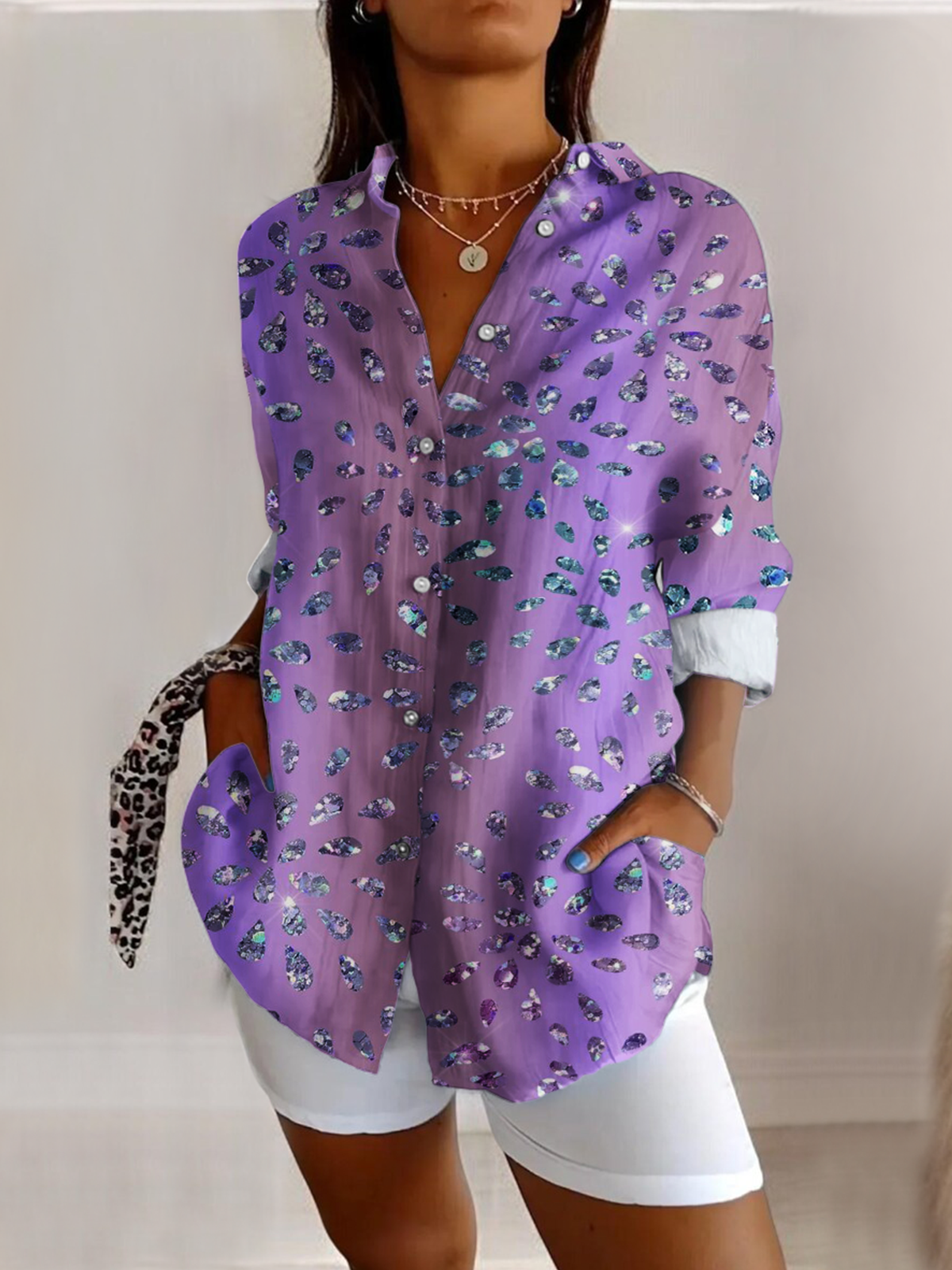 V Neck Long Sleeve Abstract Graphic Regular Micro-Elasticity Regular Fit Shirt For Women