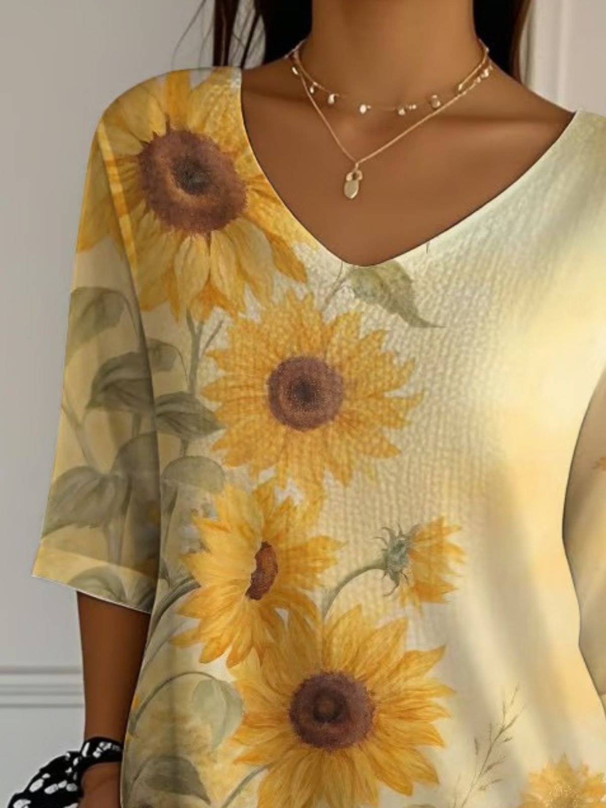 Vintage Sunflower Art Print Crew Neck 3/4 Length Sleeve T-shirt