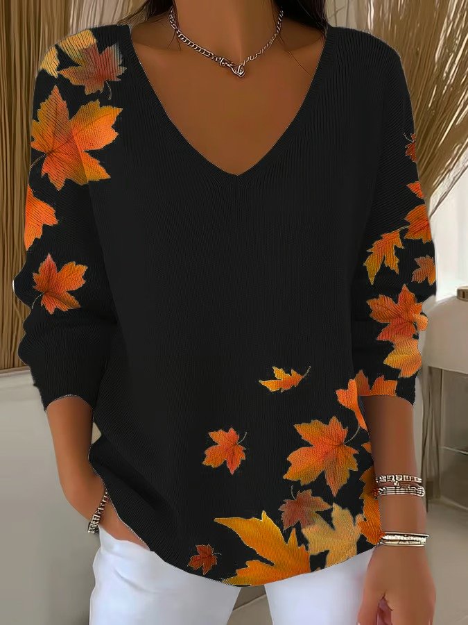 Vintage Maple Leaf V Neck Three Quarter Sleeve T-shirt