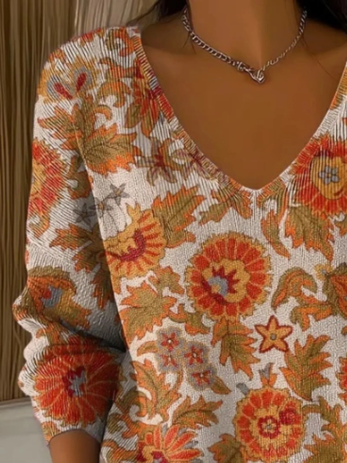 Women's Ethnic Floral Autumn Art Pattern Print Casual V Neck Pullover Blouse