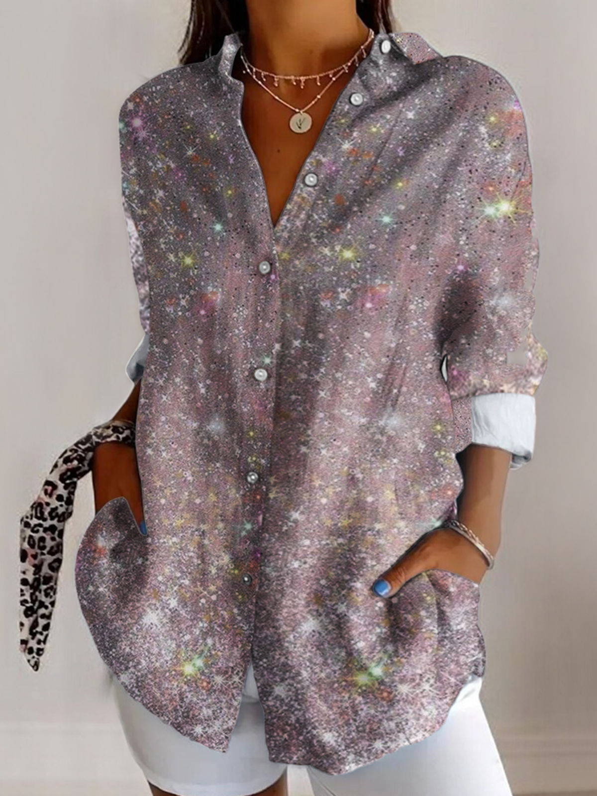 V Neck Long Sleeve Abstract Graphic Regular Micro-Elasticity Regular Fit Shirt For Women