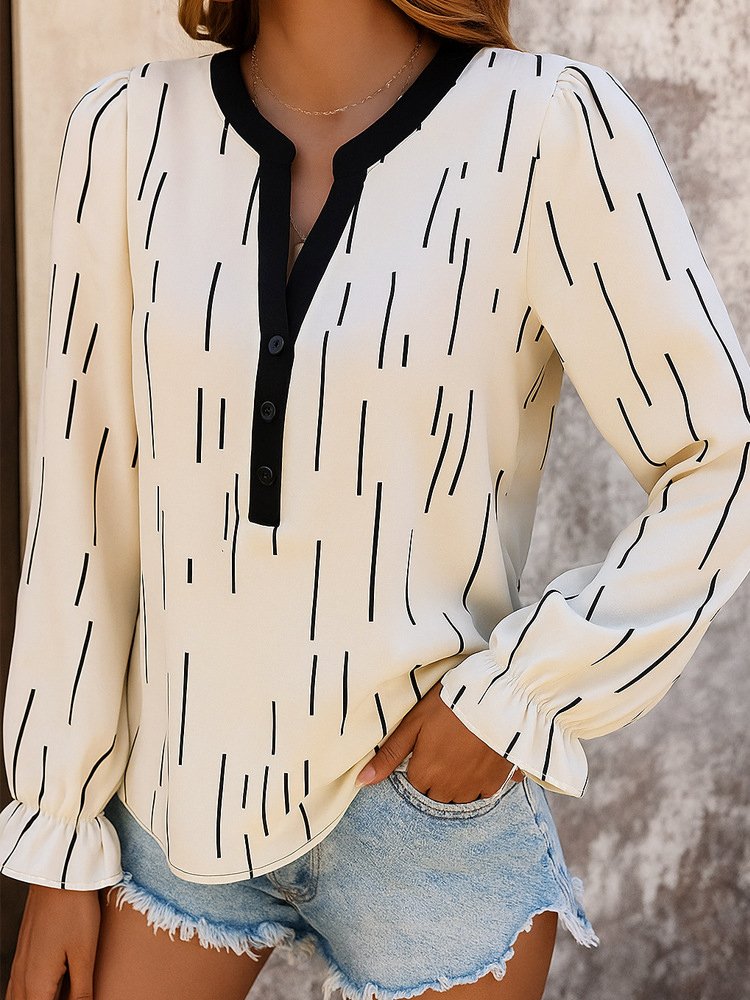Casual Striped V Neck Long Sleeve T-shirt