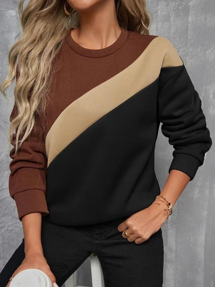 Casual Crew Neck Multicolor Block Sweatshirt Printing