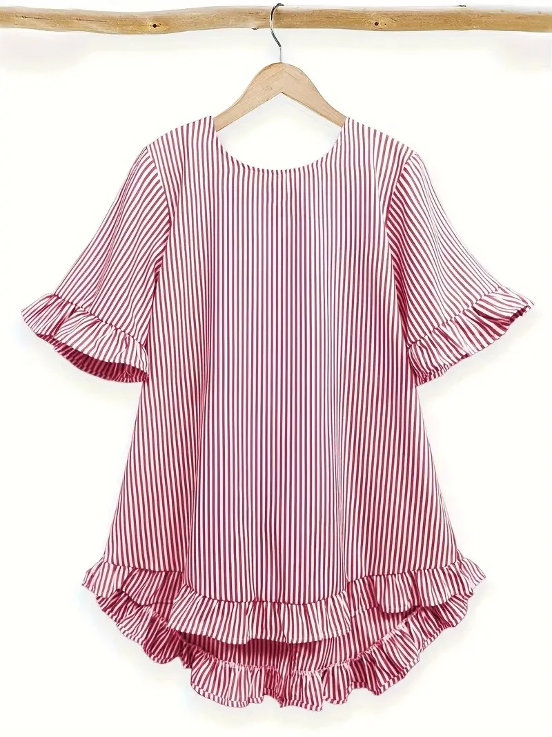 Crew Neck Short Sleeve Striped Regular Micro-Elasticity Regular Fit Shirt For Women