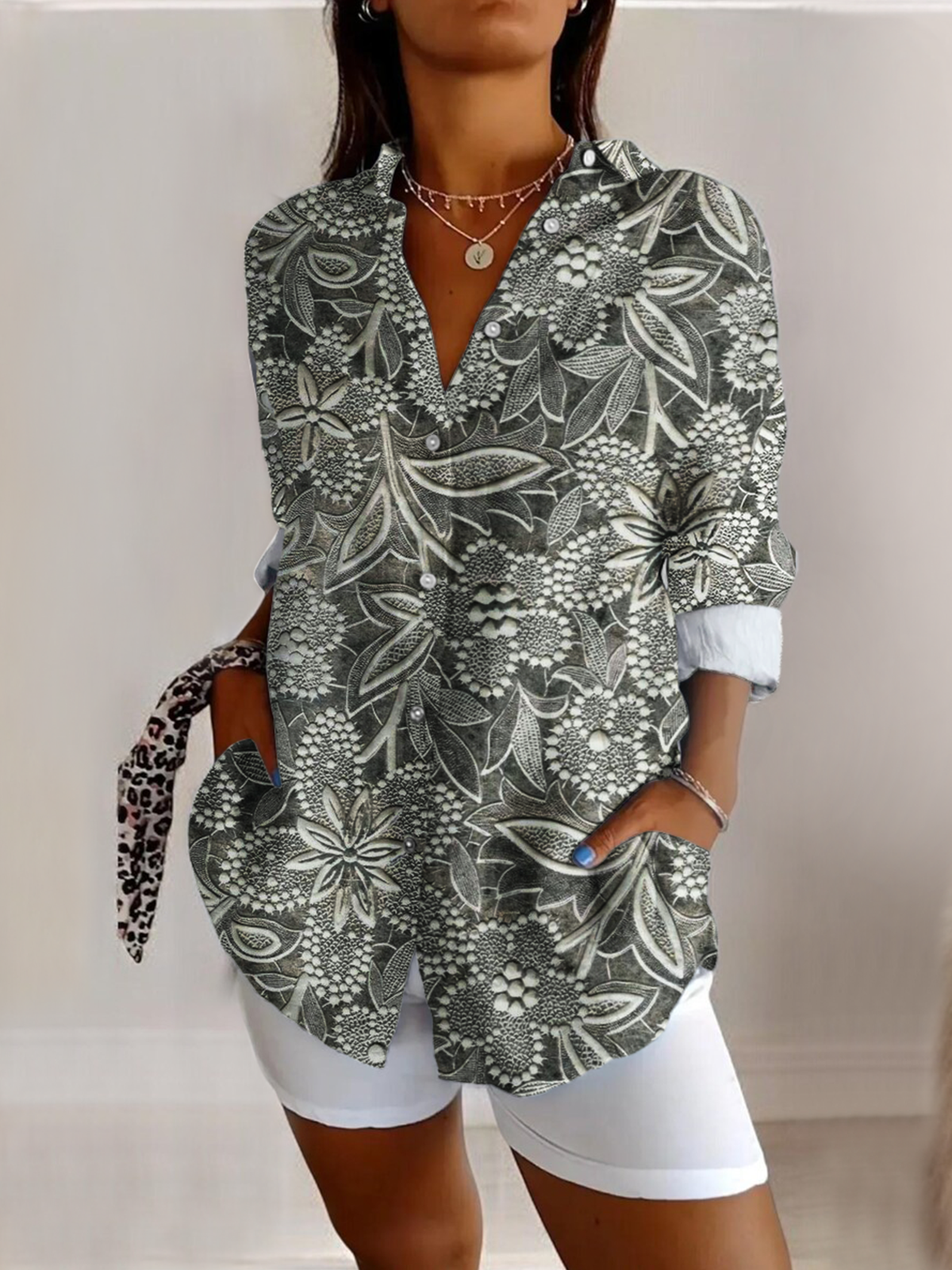 V Neck Long Sleeve Abstract Graphic Regular Micro-Elasticity Regular Fit Shirt For Women