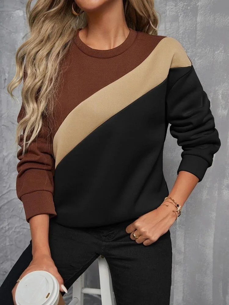 Casual Crew Neck Multicolor Block Sweatshirt Printing