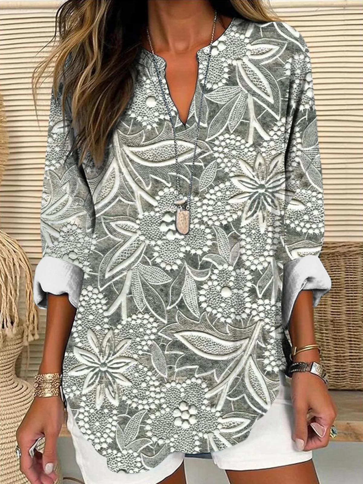 Shawl Collar Half Sleeve Floral Regular Loose Blouse For Women