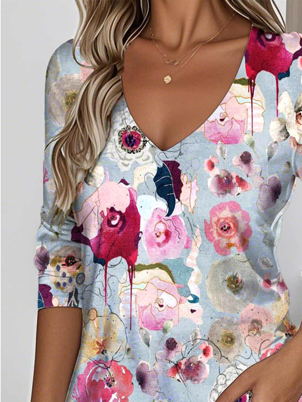 Vintage Pop Art Print V Neck Long Sleeve T-shirt