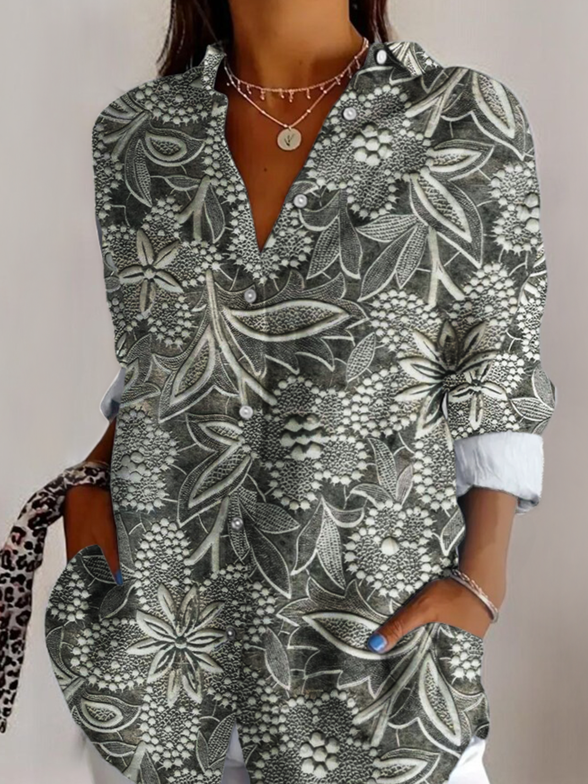 V Neck Long Sleeve Abstract Graphic Regular Micro-Elasticity Regular Fit Shirt For Women