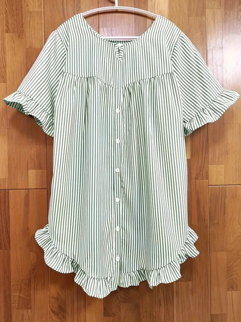 Crew Neck Short Sleeve Striped Regular Micro-Elasticity Regular Fit Shirt For Women