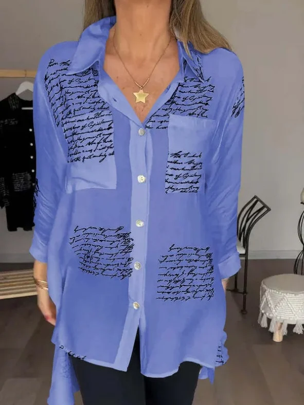 V Neck Long Sleeve Geometric Printing Regular Micro-Elasticity Loose Button Up Shirt Shirt For Women