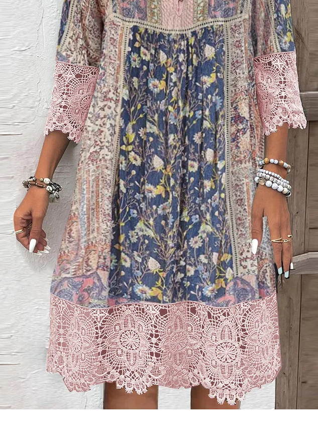 Women Floral Spring/Fall Split Joint Dress V Neck Three Quarter Sleeve T-Shirt Dress A-Line Dress