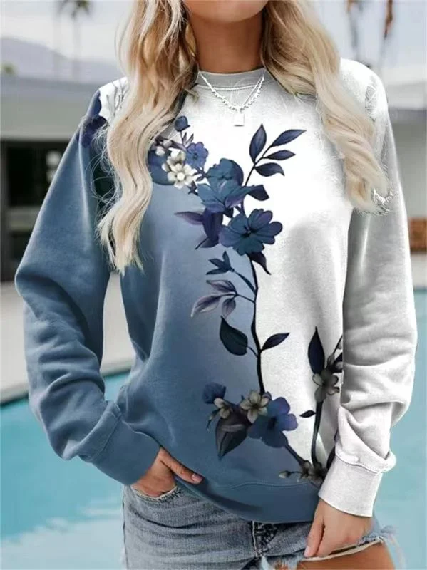 Casual Crew Neck Floral Sweatshirt Printing