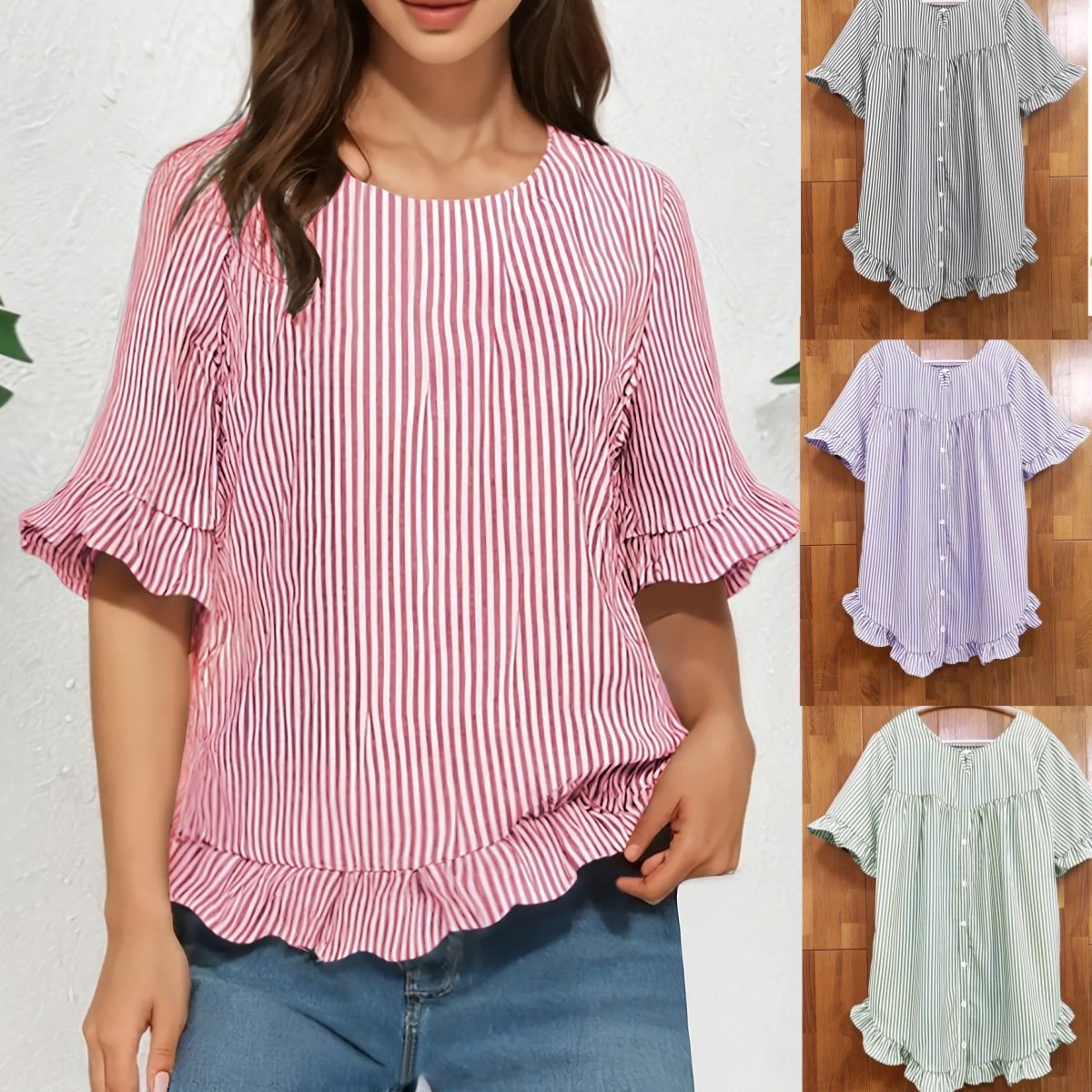 Crew Neck Short Sleeve Striped Regular Micro-Elasticity Regular Fit Shirt For Women