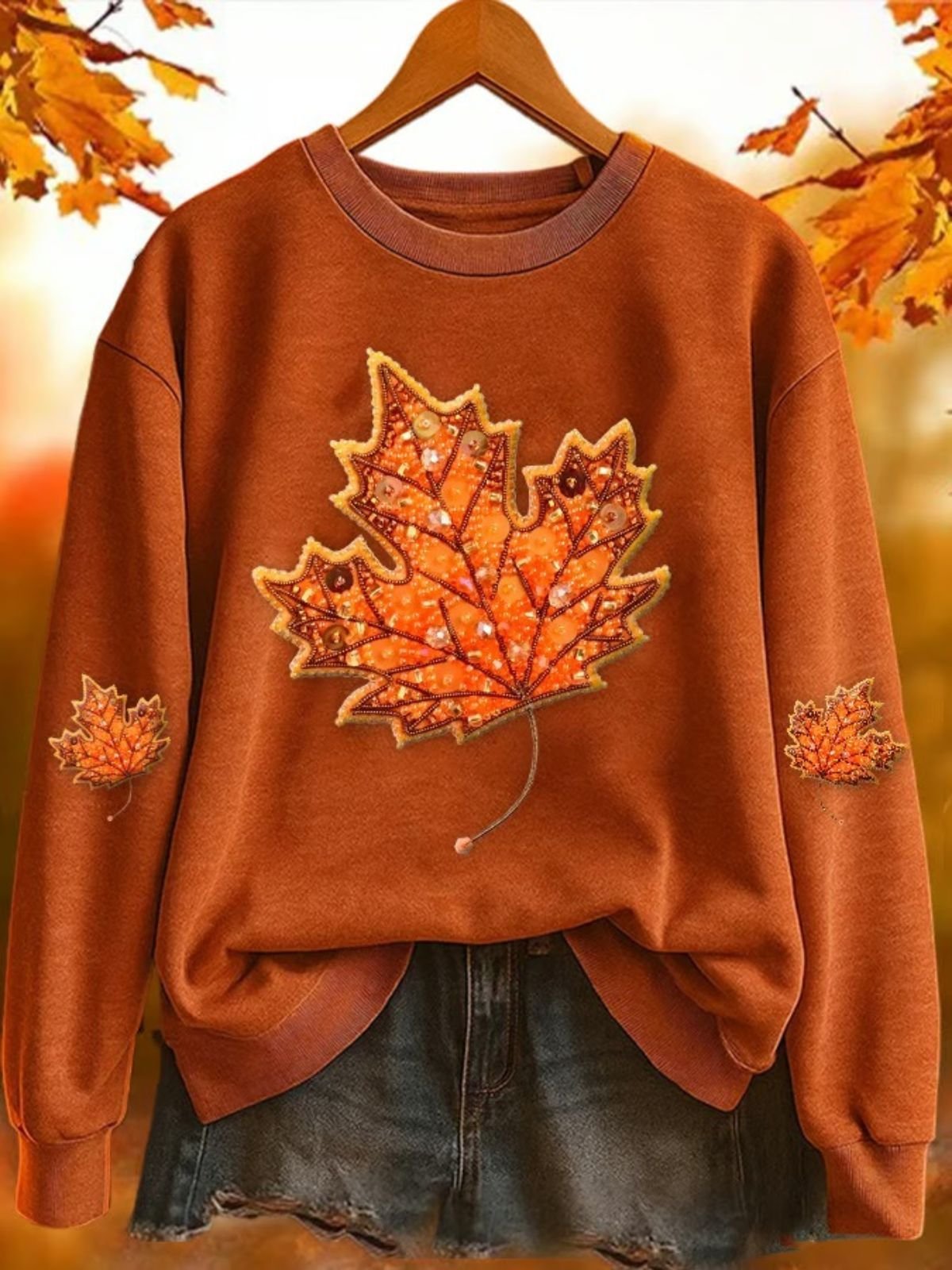 Women Vintage Maple Leaf Print Crew Neck Comfy Sweatshirt