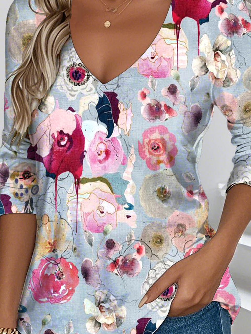 Vintage Pop Art Print V Neck Long Sleeve T-shirt