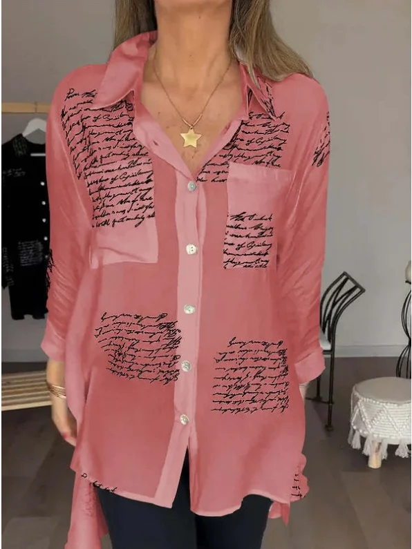 V Neck Long Sleeve Geometric Printing Regular Micro-Elasticity Loose Button Up Shirt Shirt For Women