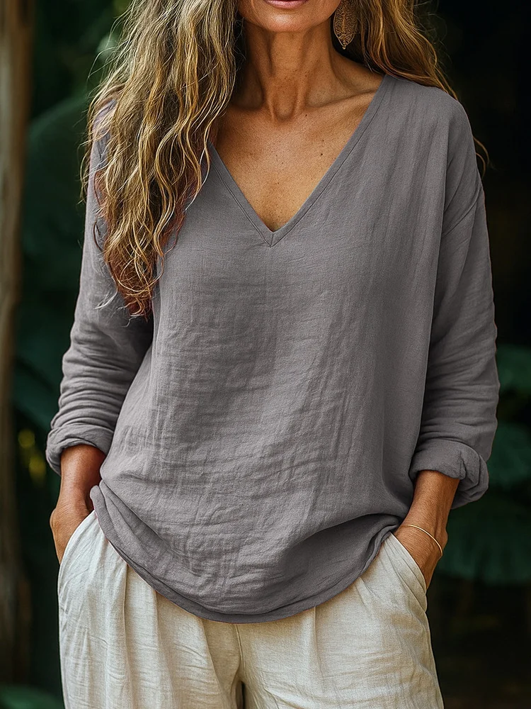 Casual Plain V Neck Long Sleeve T-shirt