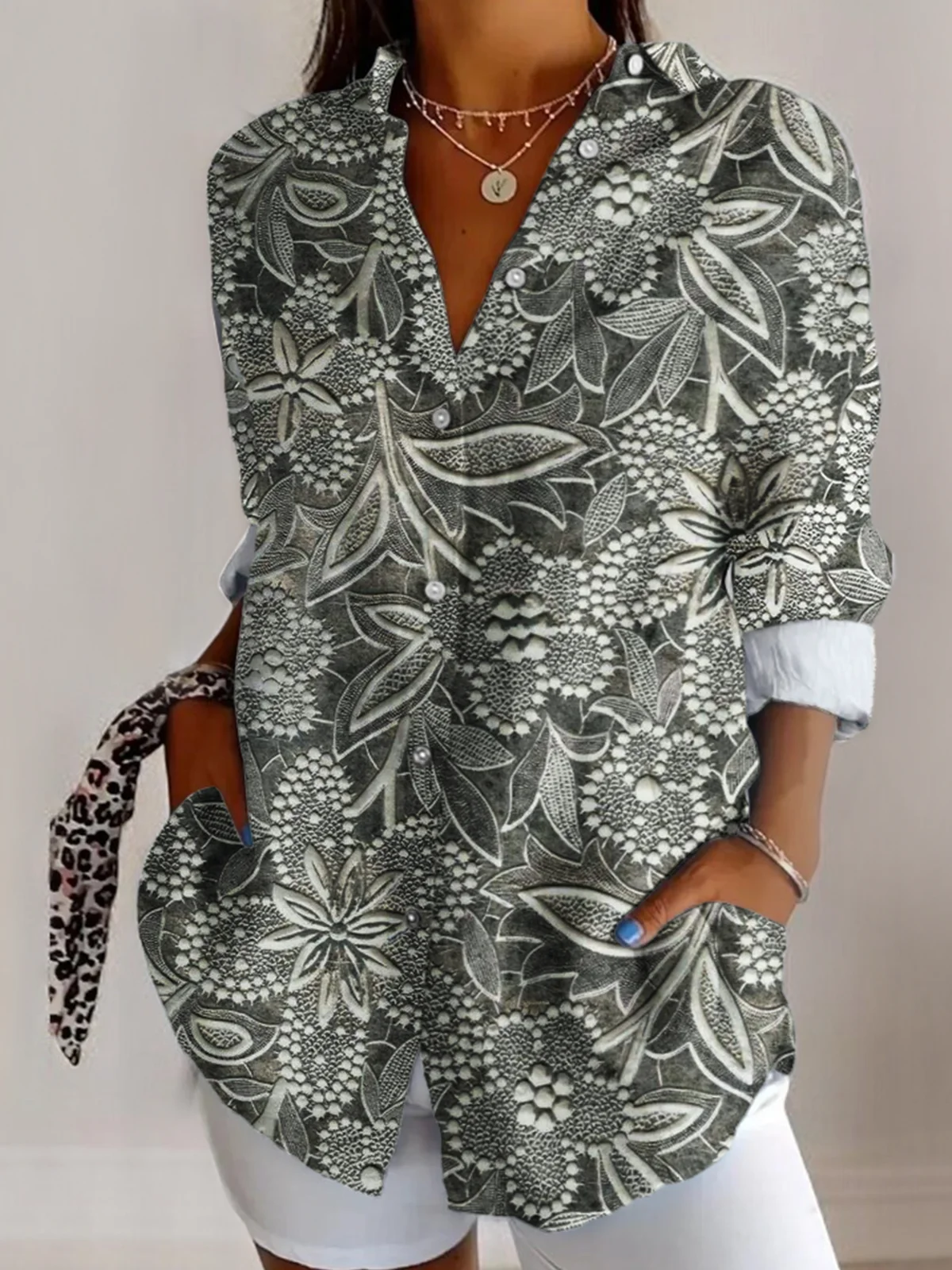 V Neck Long Sleeve Abstract Graphic Regular Micro-Elasticity Regular Fit Shirt For Women