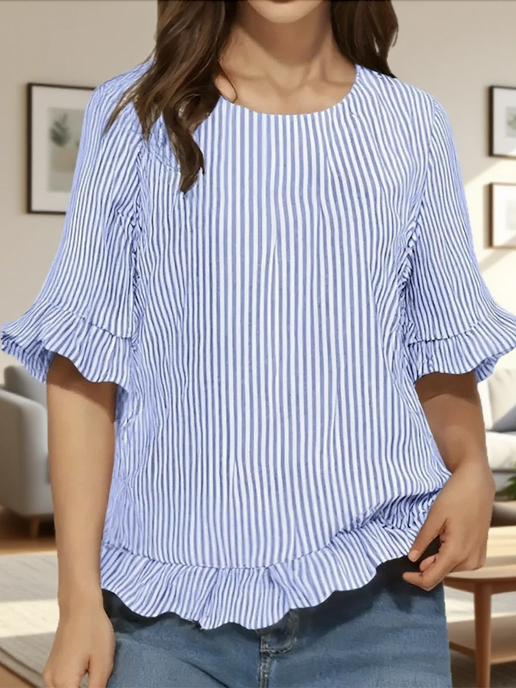 Crew Neck Short Sleeve Striped Regular Micro-Elasticity Regular Fit Shirt For Women