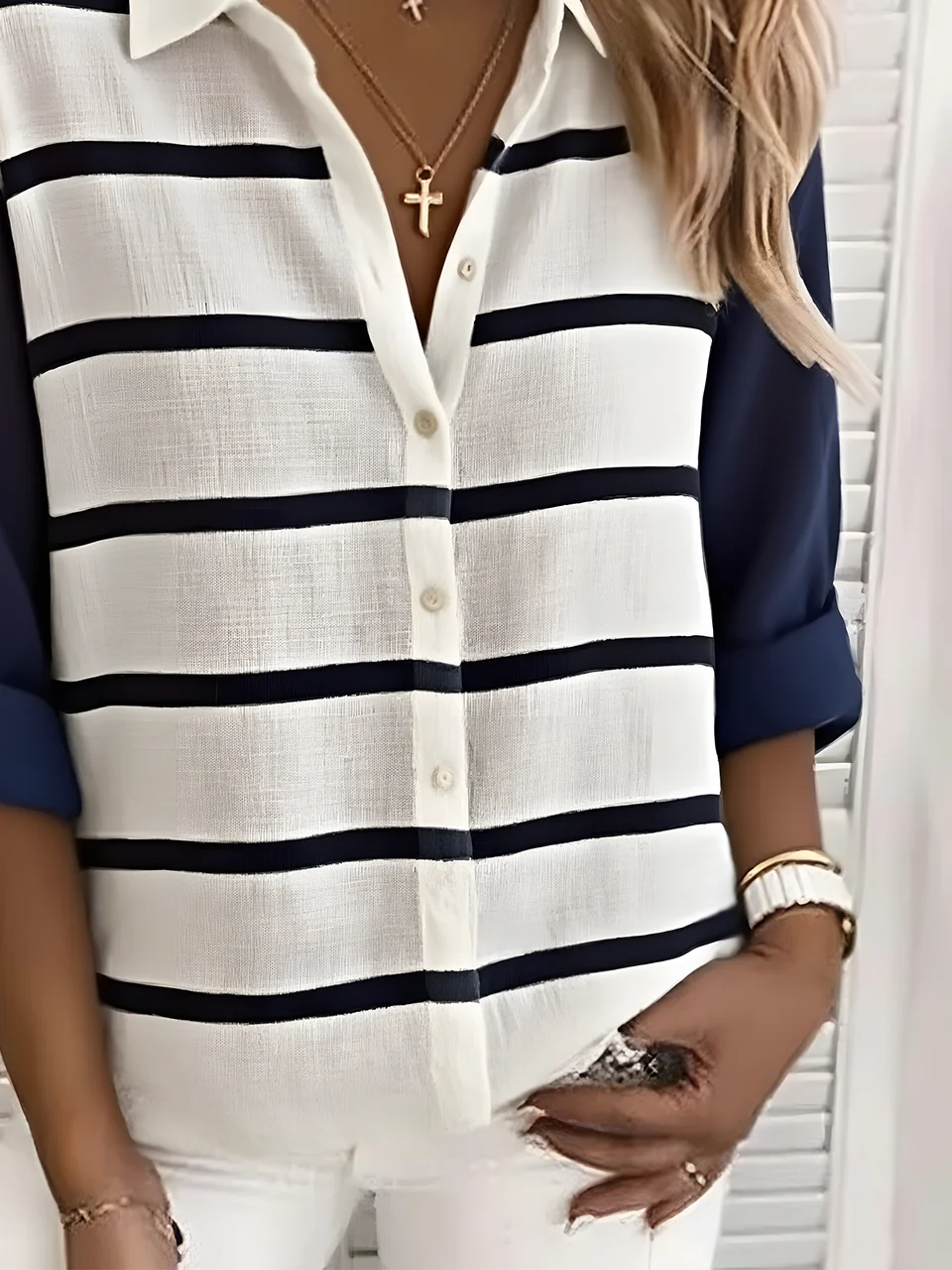 Shirt Collar Long Sleeve Striped Regular Loose Shirt For Women