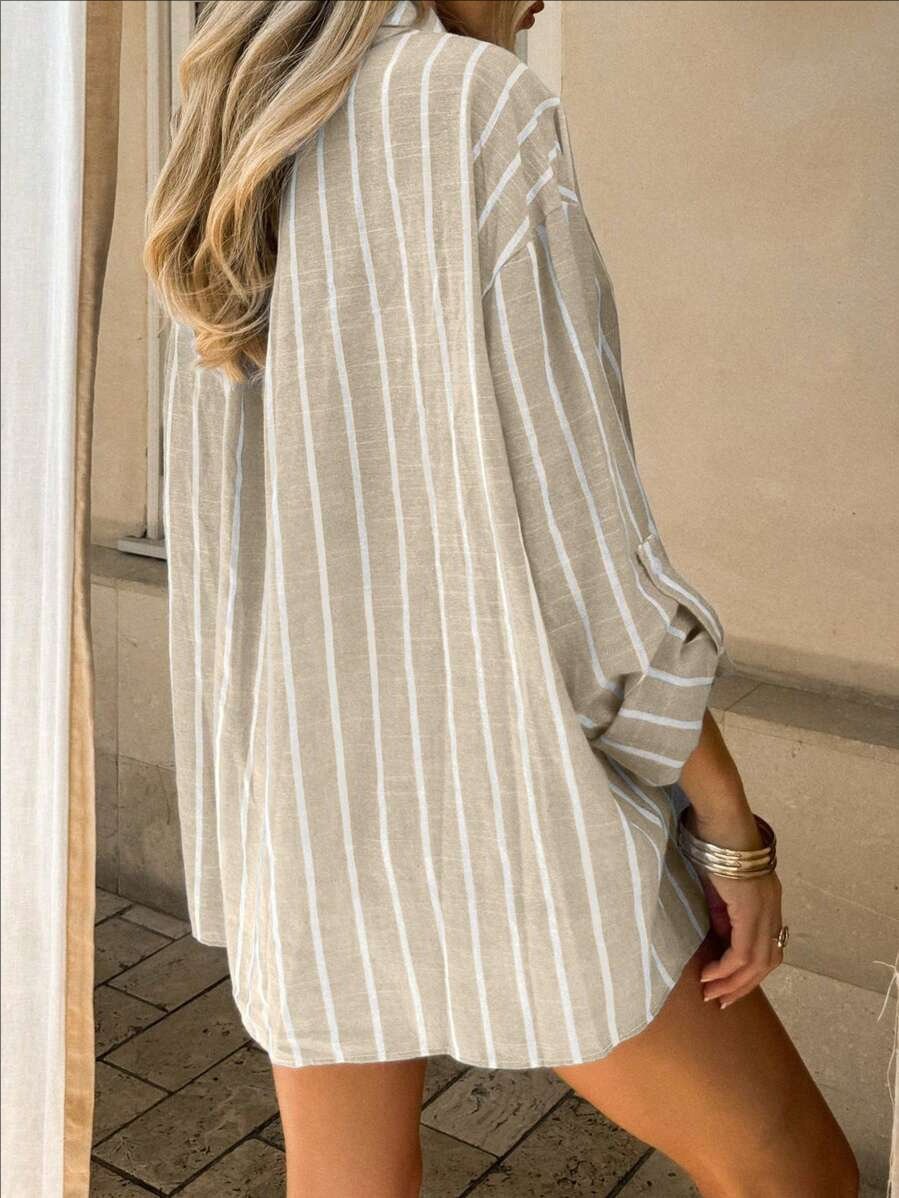 Shirt Collar Long Sleeve Striped Regular Micro-Elasticity Regular Fit Shirt For Women