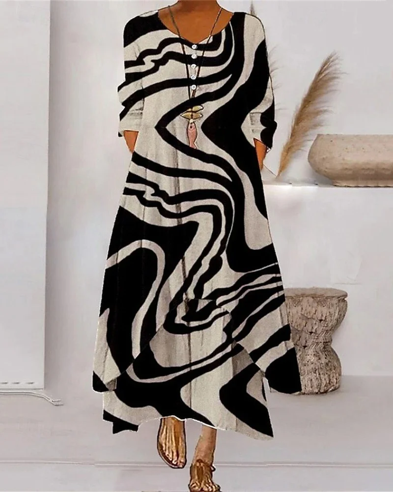 Women Striped Summer Dress Crew Neck Long Sleeve Shirt Dress A-Line Dress
