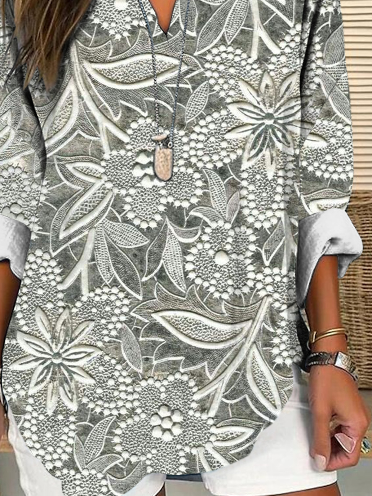 Shawl Collar Half Sleeve Floral Regular Loose Blouse For Women