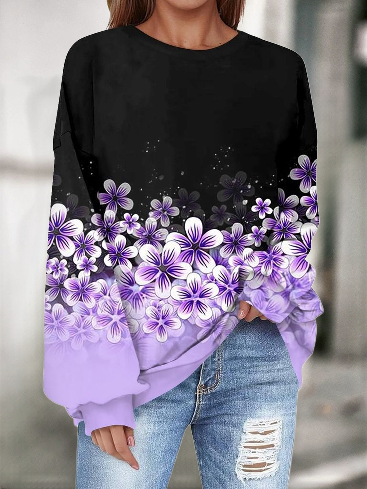 Casual Crew Neck Floral Sweatshirt Printing