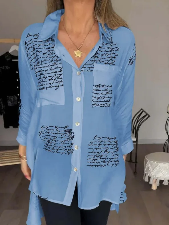 V Neck Long Sleeve Geometric Printing Regular Micro-Elasticity Loose Button Up Shirt Shirt For Women