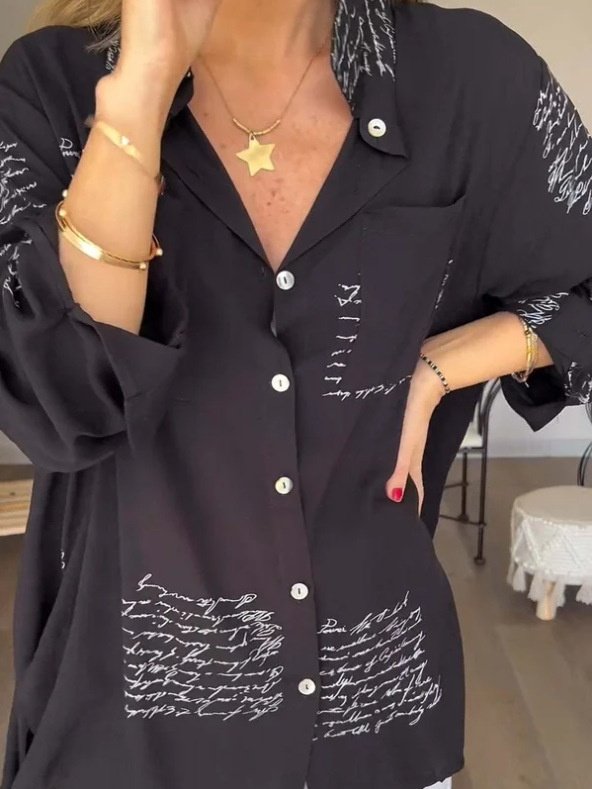 V Neck Long Sleeve Geometric Printing Regular Micro-Elasticity Loose Button Up Shirt Shirt For Women