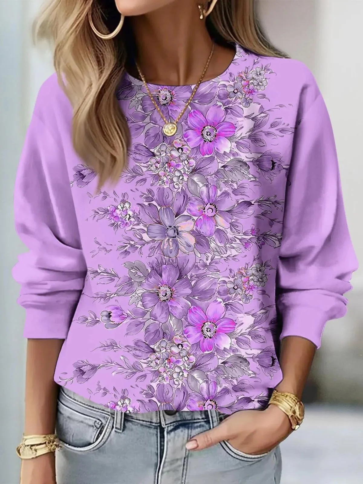 Casual Crew Neck Floral Sweatshirt Printing