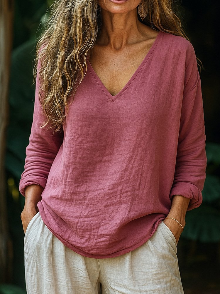 Casual Plain V Neck Long Sleeve T-shirt