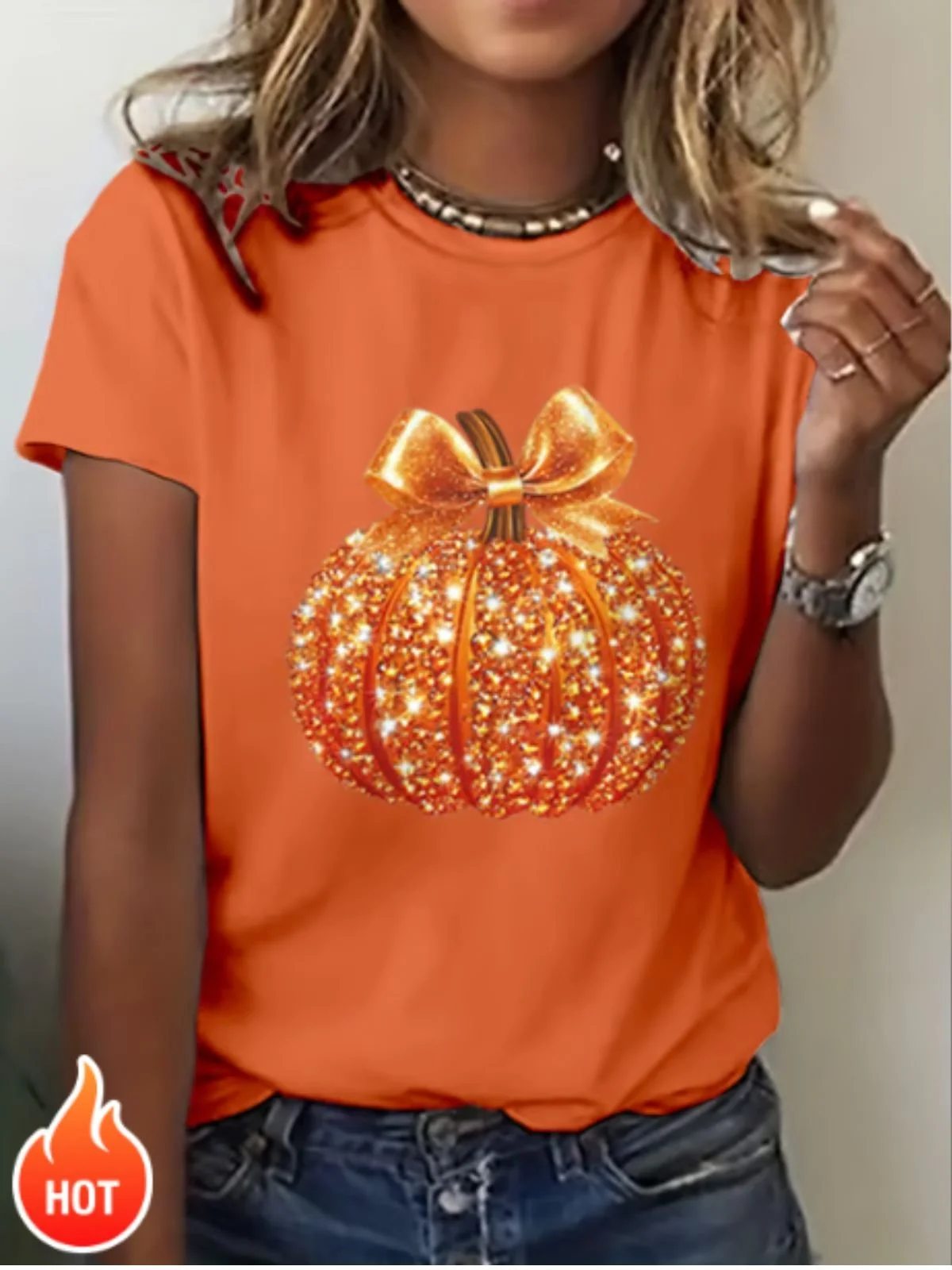 Vintage Halloween Pumpkin Print Crew Neck Short Sleeve T-shirt