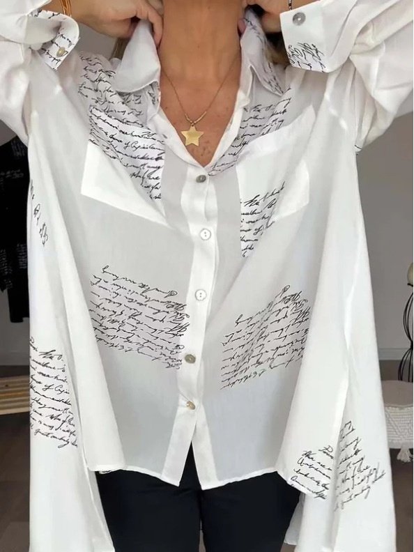 V Neck Long Sleeve Geometric Printing Regular Micro-Elasticity Loose Button Up Shirt Shirt For Women