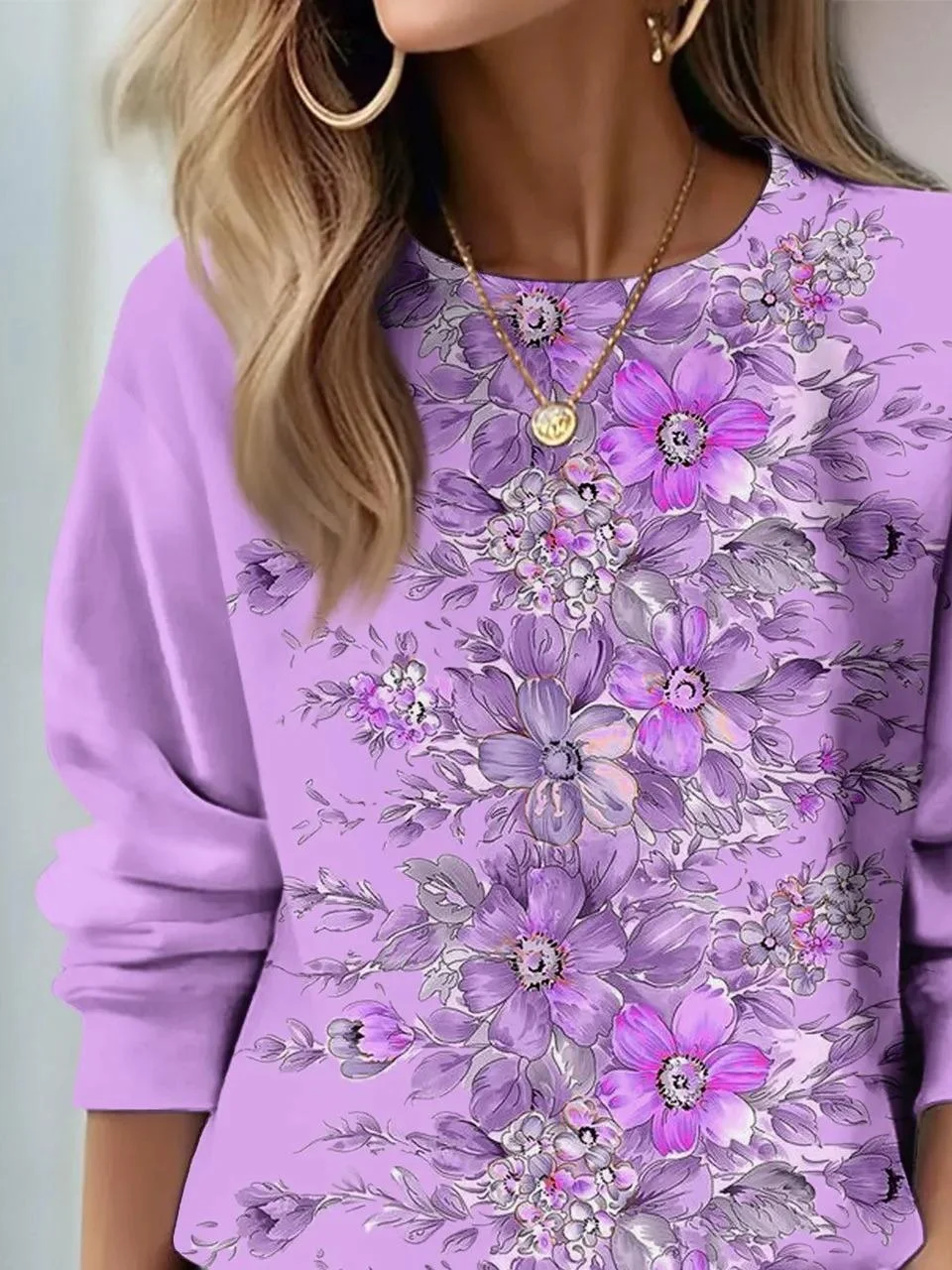 Casual Crew Neck Floral Sweatshirt Printing