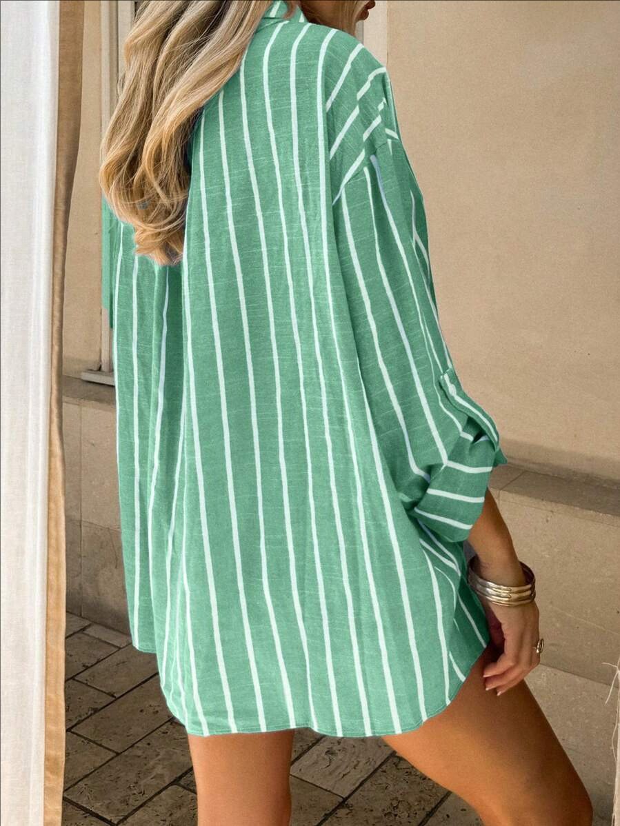 Shirt Collar Long Sleeve Striped Regular Micro-Elasticity Regular Fit Shirt For Women
