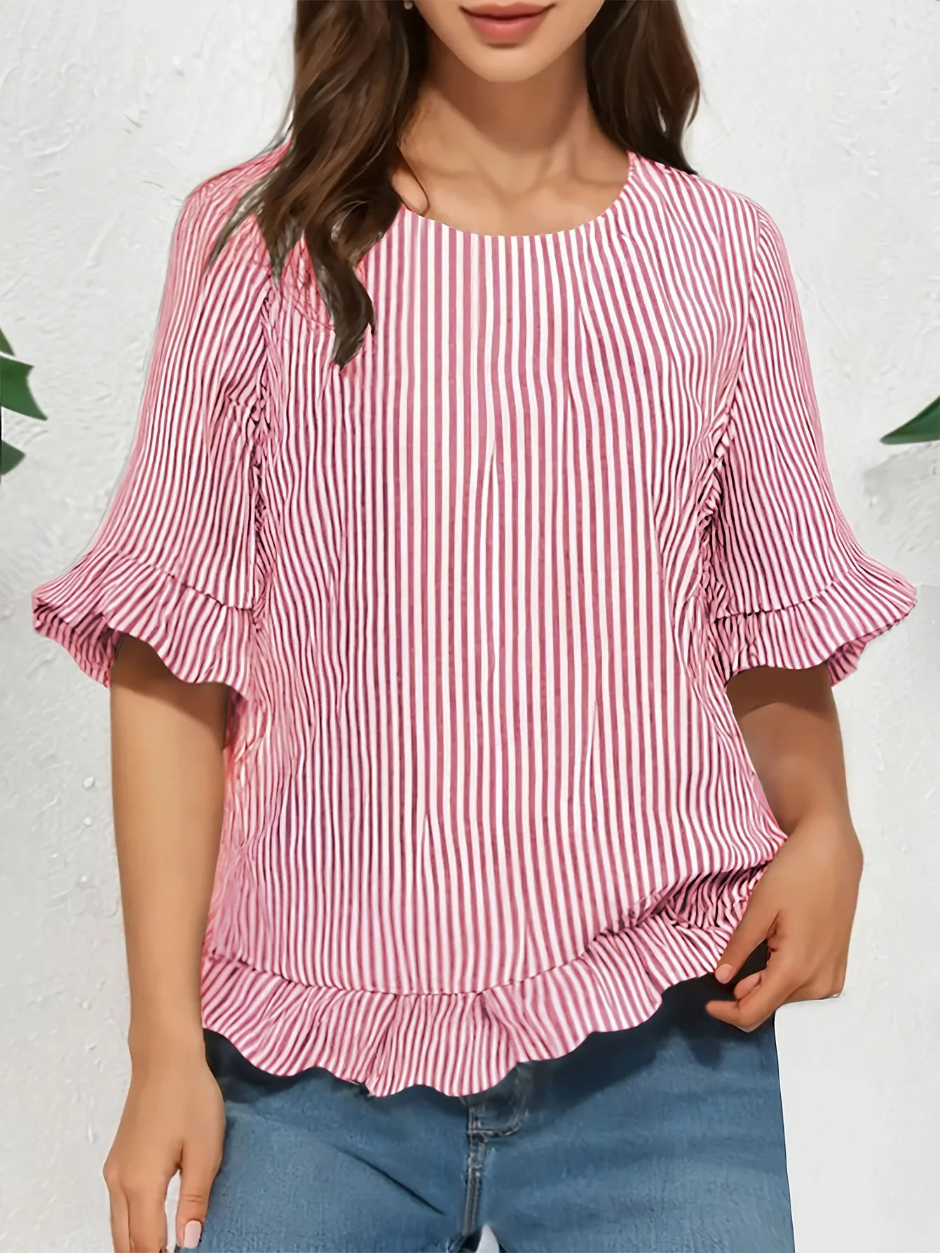 Crew Neck Short Sleeve Striped Regular Micro-Elasticity Regular Fit Shirt For Women