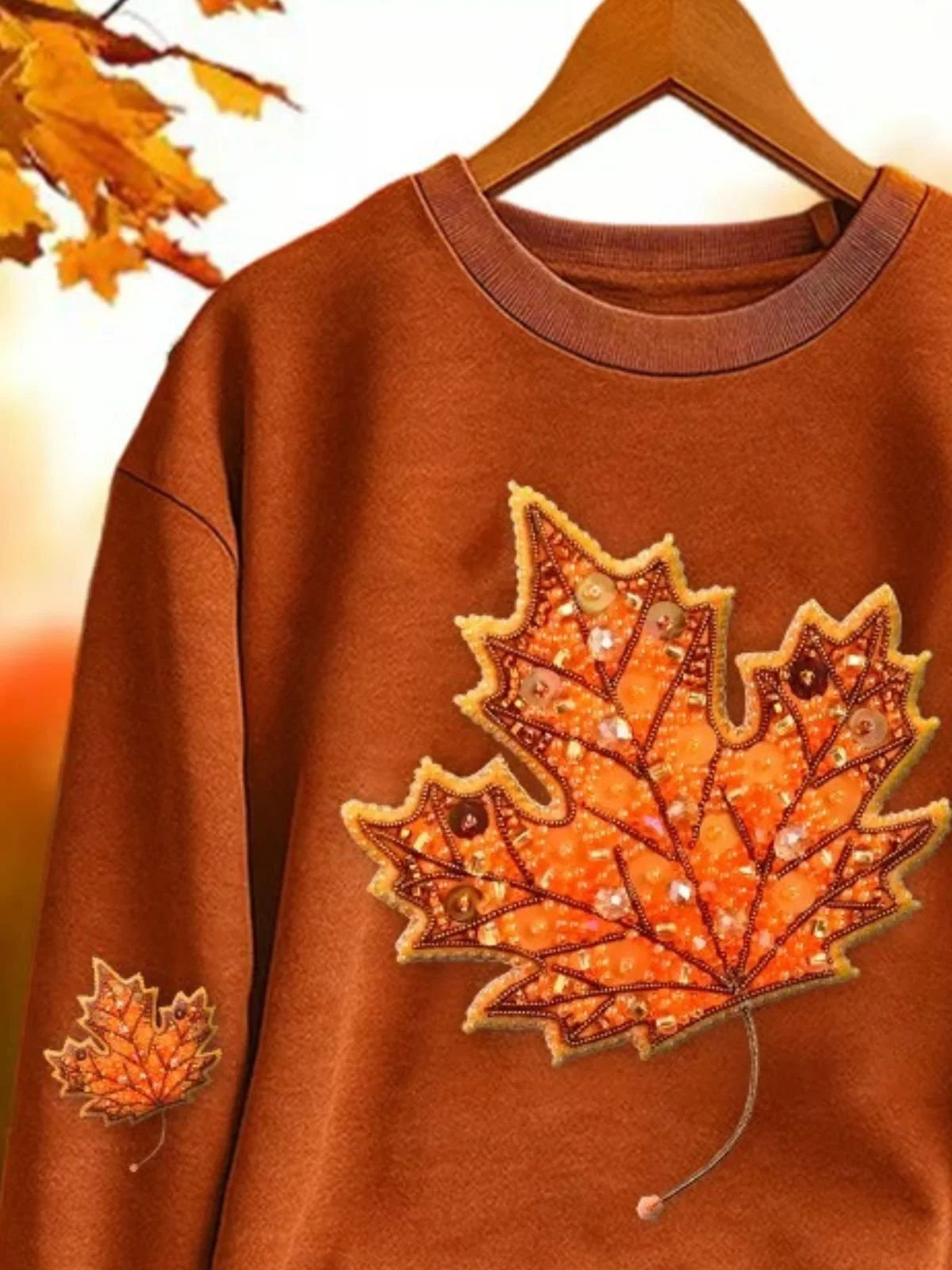 Women Vintage Maple Leaf Print Crew Neck Comfy Sweatshirt
