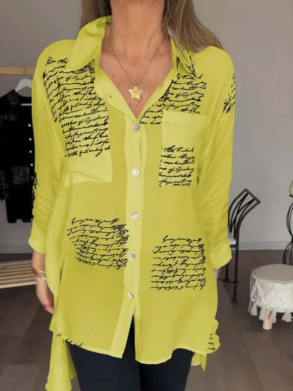 V Neck Long Sleeve Geometric Printing Regular Micro-Elasticity Loose Button Up Shirt Shirt For Women