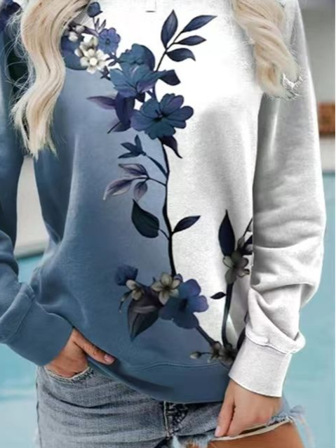 Casual Crew Neck Floral Sweatshirt Printing