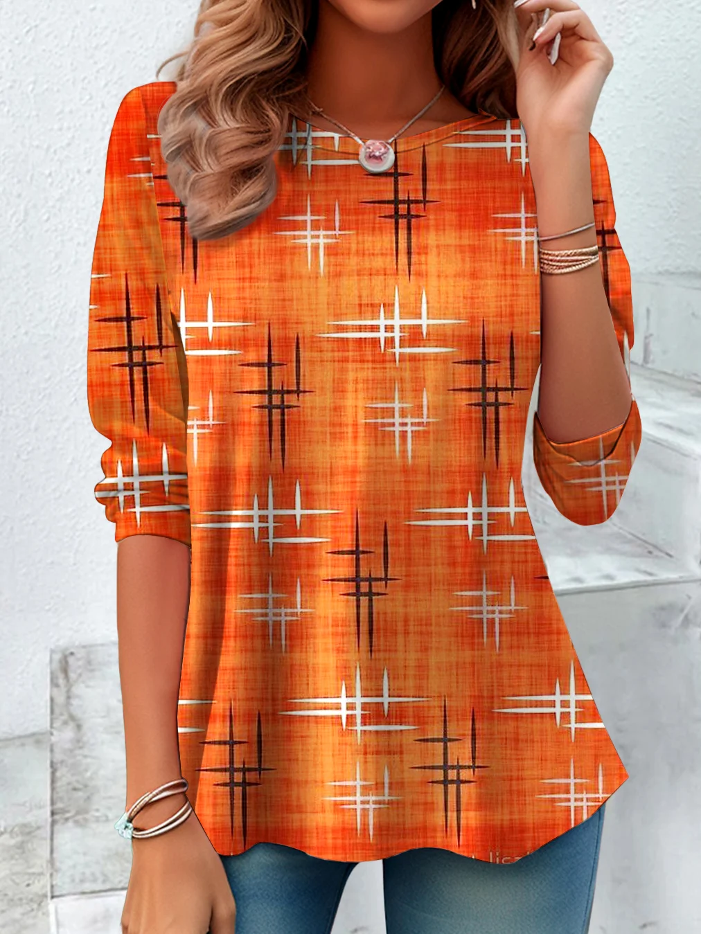 Halloween Vintage Geometric Art Print Crew Neck Long Sleeve T-shirt