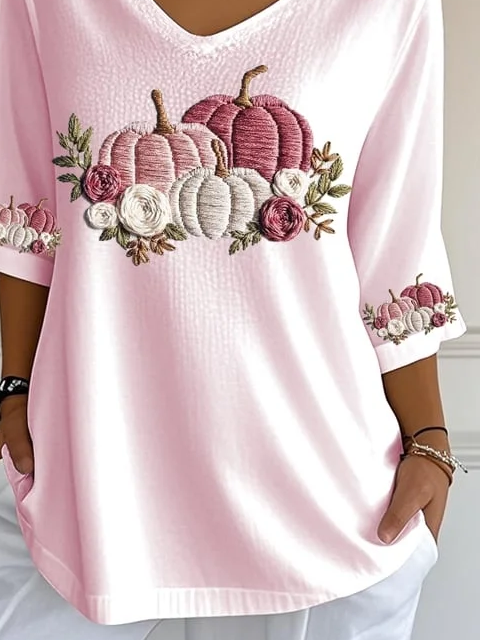 Casual Floral V Neck Three Quarter Sleeve T-shirt