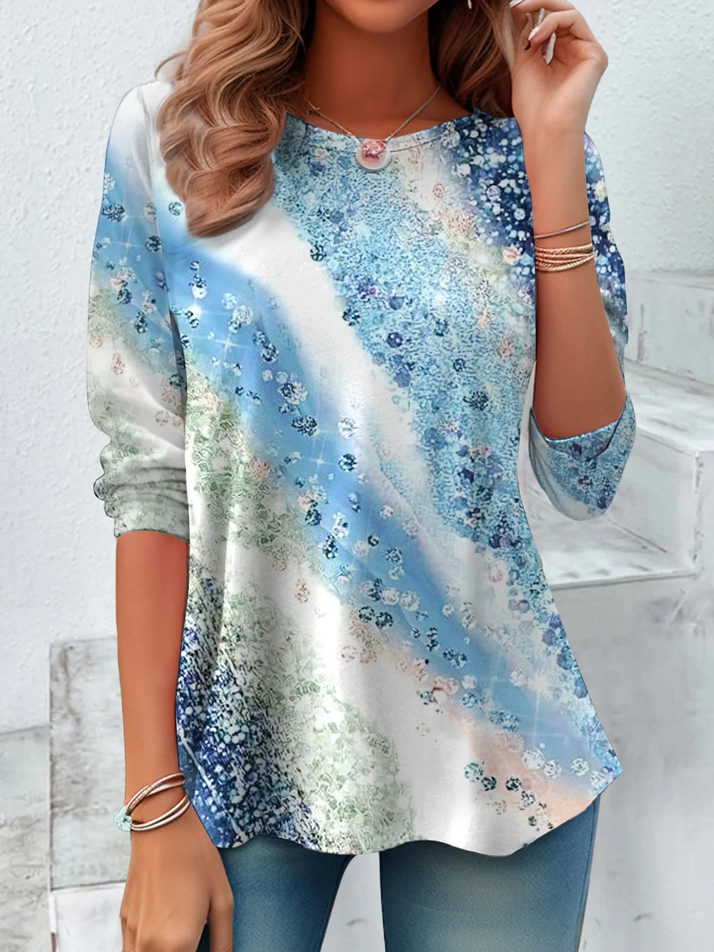 Vintage Ombre Crew Neck Long Sleeve T-shirt