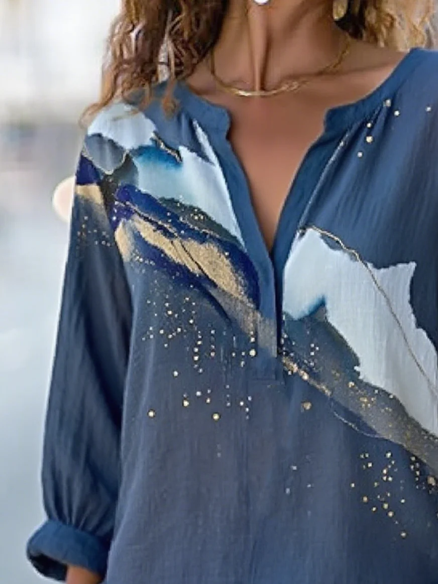 V Neck Long Sleeve Gradient Pattern Regular Loose Blouse For Women