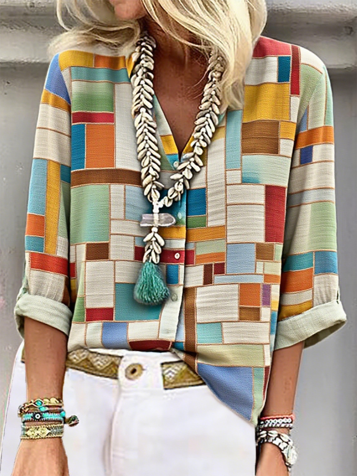 Stand Collar Long Sleeve Striped Regular Loose Shirt For Women