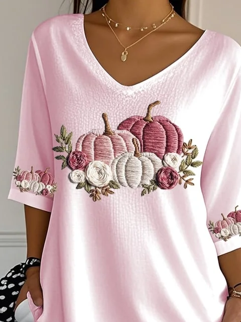 Casual Floral V Neck Three Quarter Sleeve T-shirt