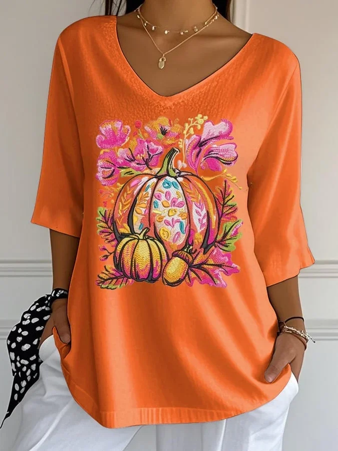 Casual Floral V Neck Three Quarter Sleeve T-shirt